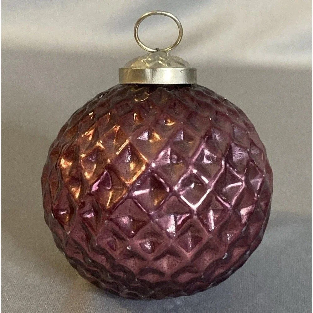 Kugel Inspired Blown Glass Ball Ornament Purple Diamond Quilted  Christmas Decor